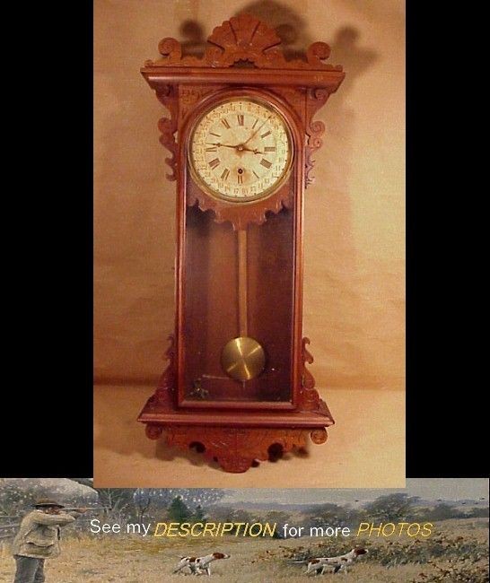 Antique Victorian E.N. Welch Black Walnut Calendar Wall Clock