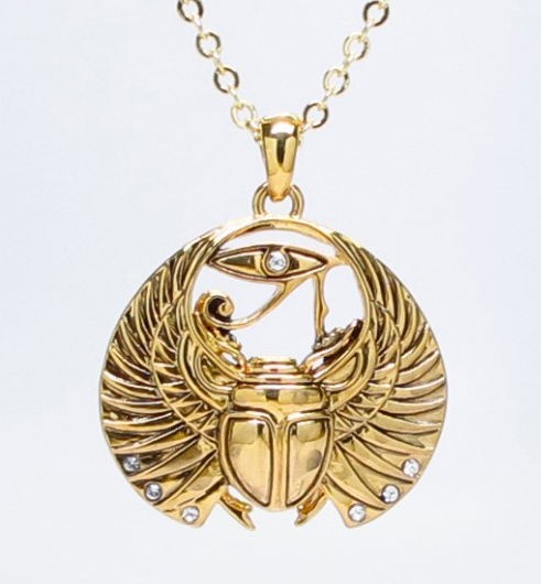 EGYPTIAN AMULET SCARAB WINGS NECKLACE FASHION JEWELRY ALLOY GOLD TONE