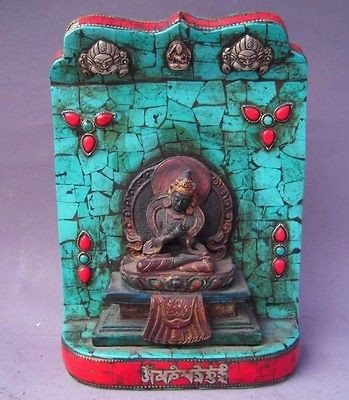 Tibet Tibetan Buddhist Turquoise Vajrasattva Buddha Wood Shrine Statue