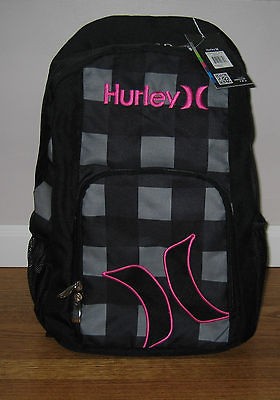 Hurley School Backpack Book Bag Girls Pink Black Gray Plaid Checkered 