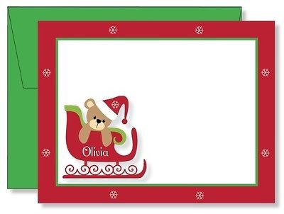   Personalized FLAT Teddy Bear & Sled Christmas Thank You Note Cards