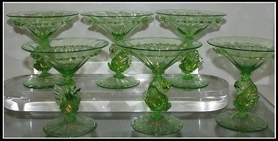   Set of 6 Antique Green Swan Venetian Glass Martini Cocktail Stems NR