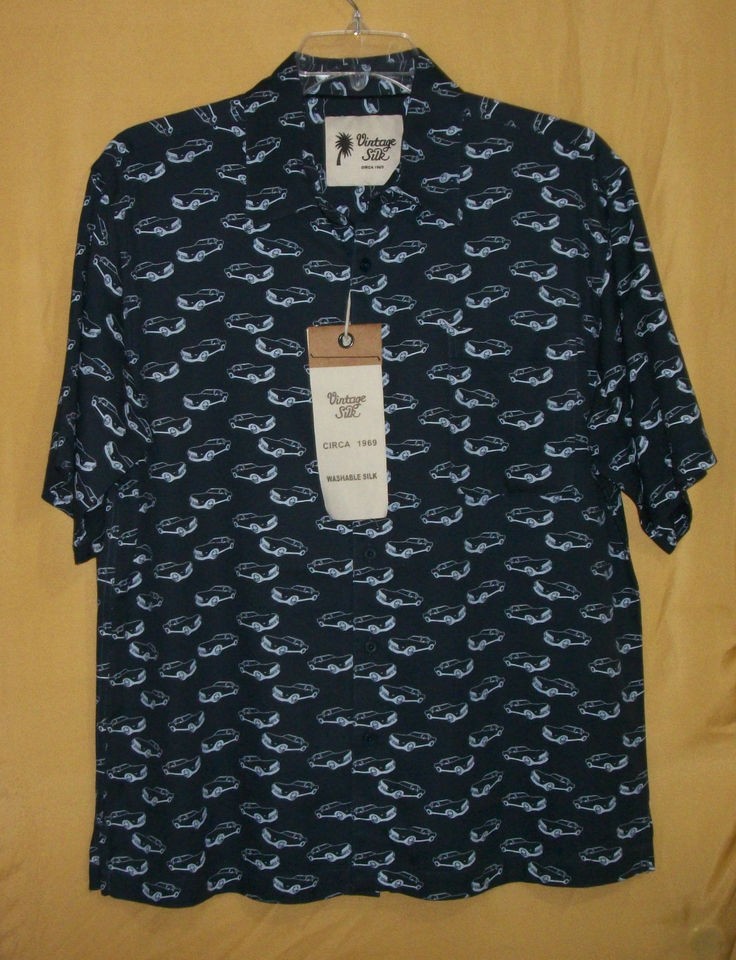 Vintage Silk Circa 1969 mens button navy classic car ss shirt top 100% 