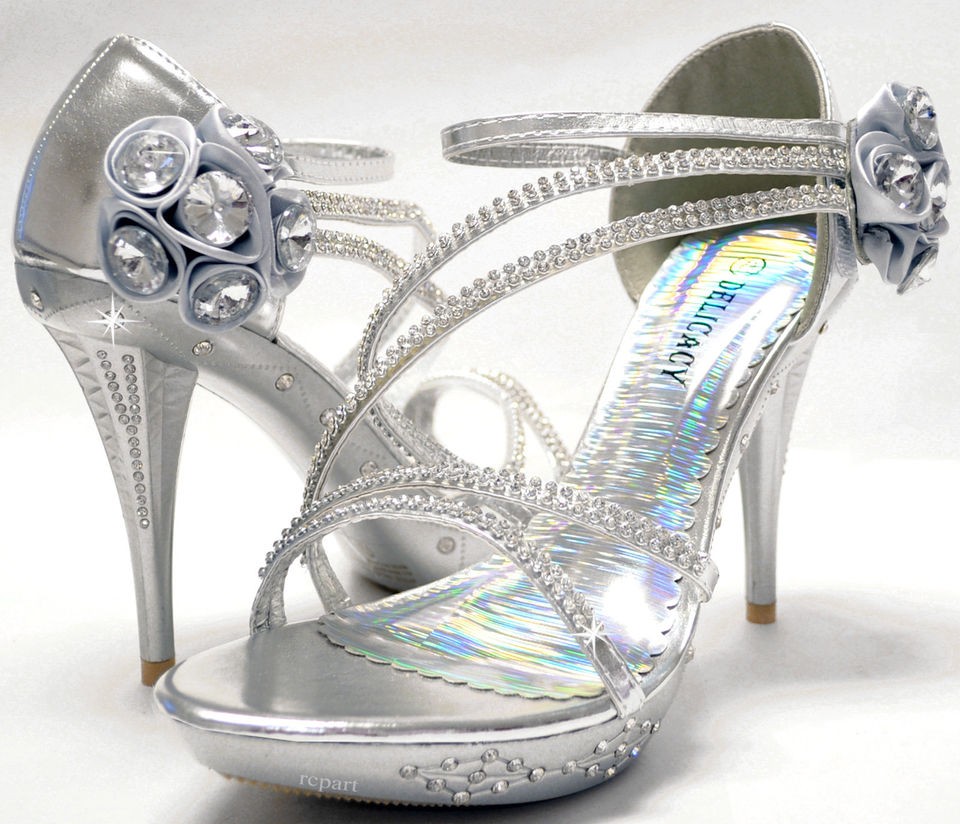 New womens shoes stilettos rhinestones wedding prom velcro silver US 