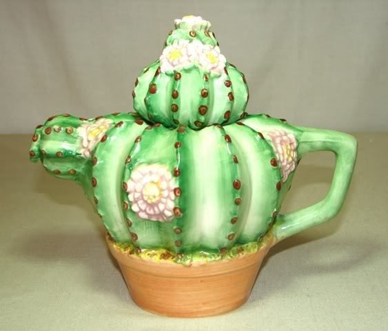 TEA POT   Barrel Cactus with Pink/Yellow Flowers in Terra Cotta Pot