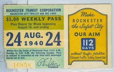   1940 TRANSIT TICKET/PASS Rochester New York THE SAFEST CITY AD #16858