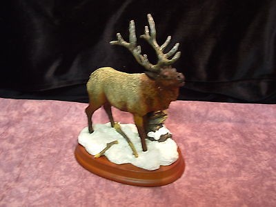 Elk Statue Snow Scene Mounted Wood Base Great for Cabin / Lodge