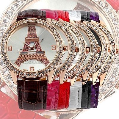Girls Eiffel Tower Dial Rose Gold Case Crystal Quartz Analog Sport 