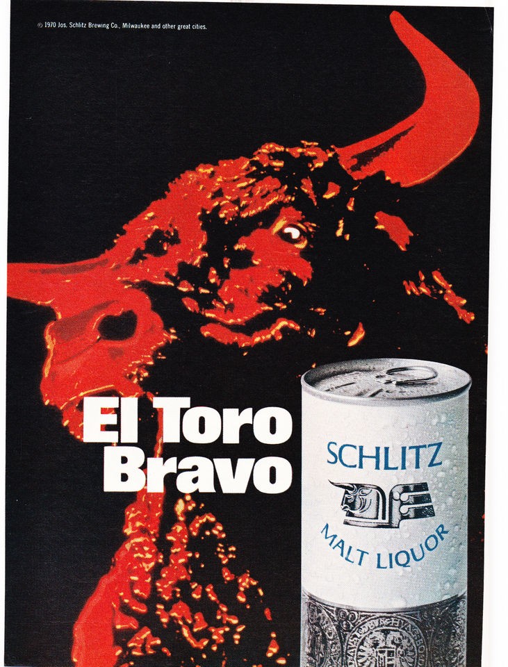 Original Print Ad 1970 SCHLITZ EL TORO BRAVO MALT LIQUOR Red Bull 