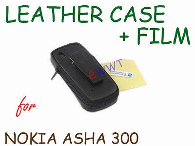   Leather Soft Case Holder w/ Clip + Film for Nokia Asha 300 ZVLR199
