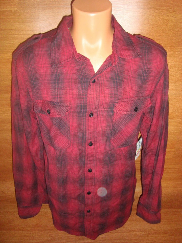 New Mens MARC MOTO L/S Button Up Shirt Red Black Buffalo Plaid Size 