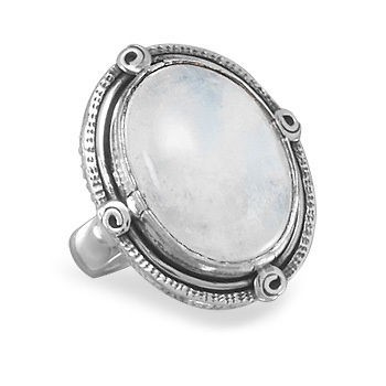   Oval Rainbow Moonstone Ring 925 Sterling Silver Rope Edge Large Stone