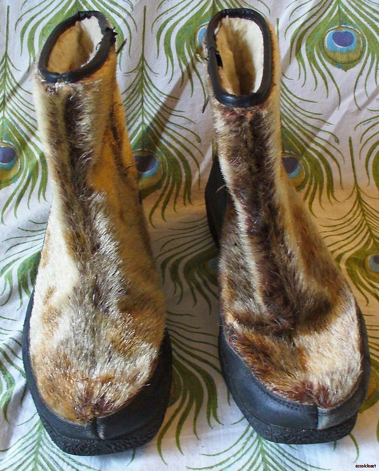 Faux Fur Vintage Sandler Boots After Ski Snow Winter Shoes Furry Brown 