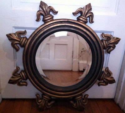 Large Antique Fleur De Lis Round Gold WALL MIRROR OLD Wood Carved 