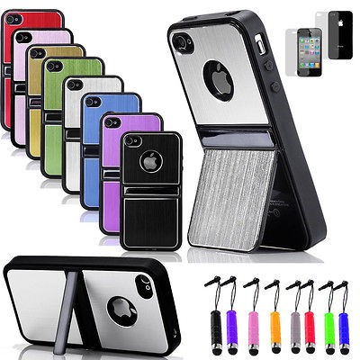 Aluminum TPU Hard Case Cover W/Chrome Stand For iPhone 4 4G 4S+ Stylus 