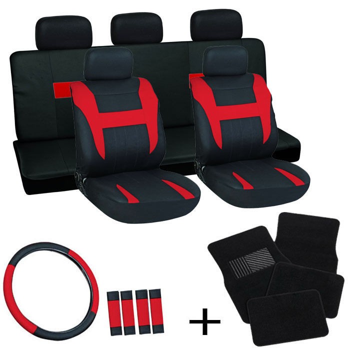 20pc Set Red Black Auto Car Seat Covers Wheel + Belt Pads +Head Rests 