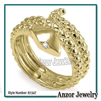   18k Solid Yellow Gold Snake Diamond Serpent Ring #R1347 