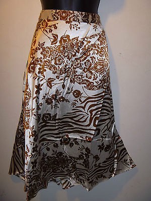 NWT Sexy Brown & White Exotic Zebra & Roses Print Silky Skirt MEDIUM 