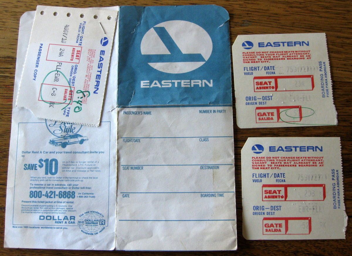 EASTERN AIRLINES TICKET JACKET AND BOARDING PASSES EWR FLL EWR