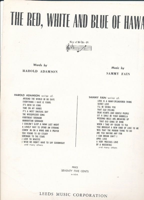 1960 Red White Blue of Hawaii Sheet Music Uke Chords