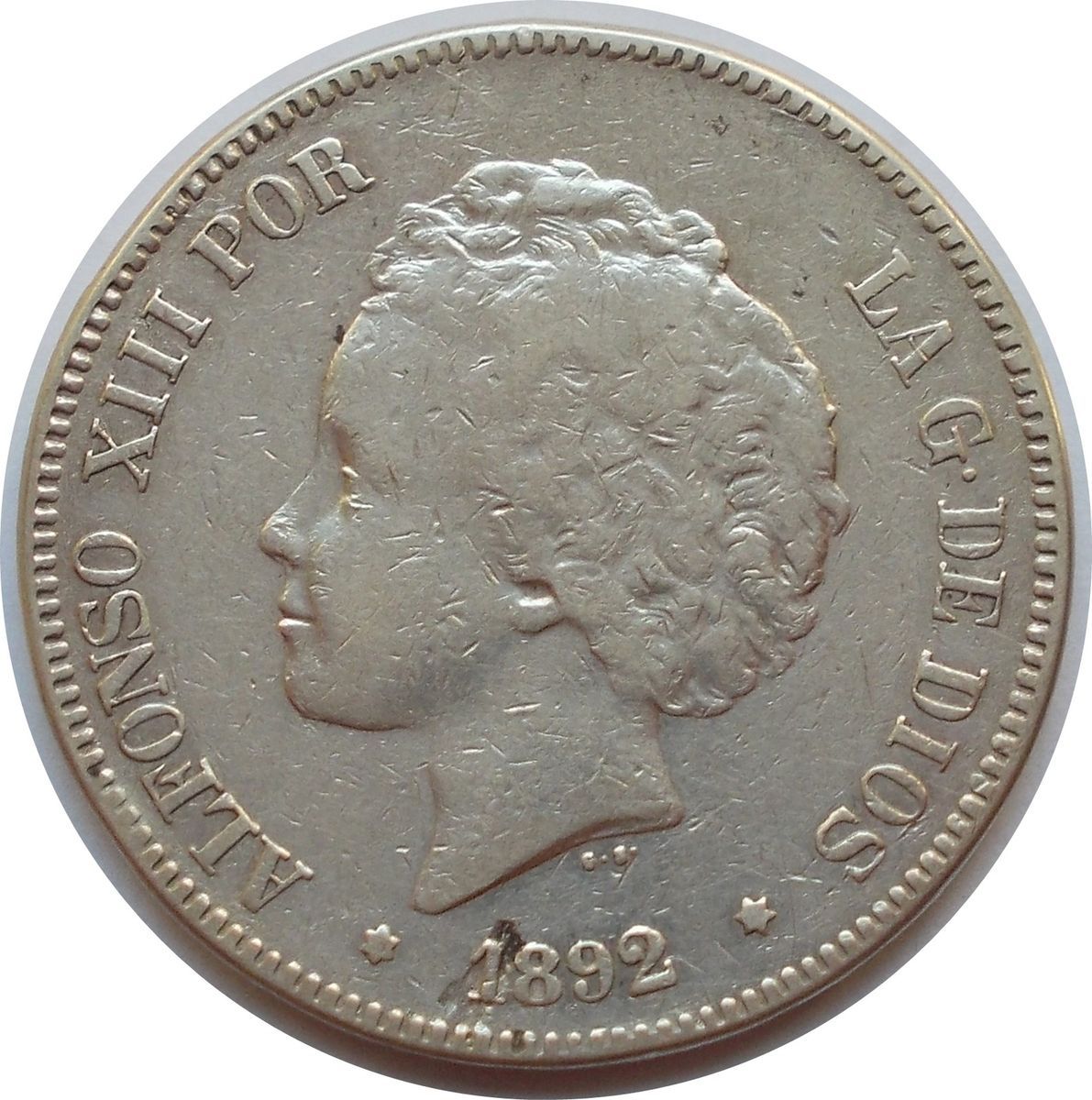 Spain Alfonso XIII 5 Pesetas 1892 92 PG M Silver Coin VF
