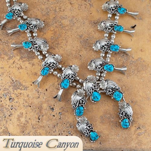 Navajo Native American Dead Pawn Turquoise Squash Blossom Necklace SKU 
