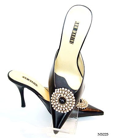 Ann Marino Black Leather Clear Crystal Gem Goldtone Metal Heels Shoes 