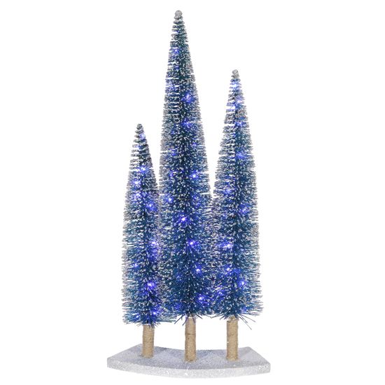 Pre Lit LED Blue Artificial Village Christmas Tree Trio