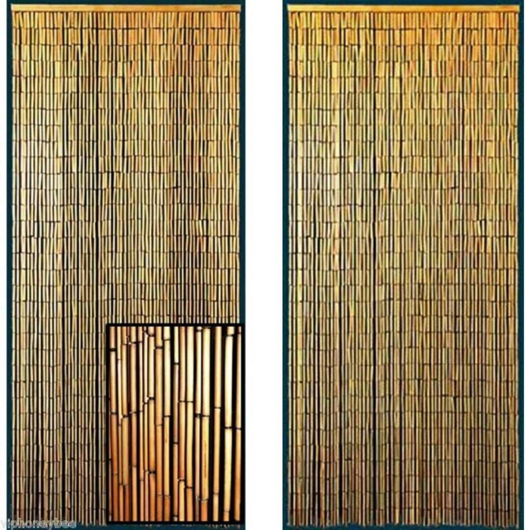 Bamboo Beaded Door Curtain 90 Strand Plain Natural Bamboo Set of 2 
