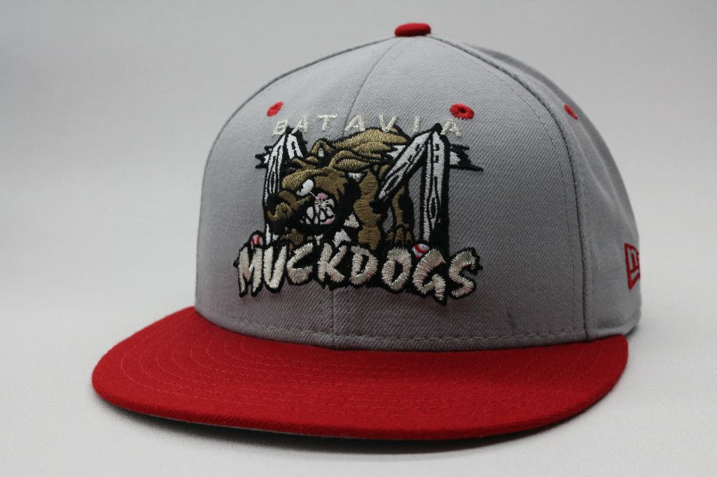 Batavia Muckdogs Grey Red Brown Authentic 59Fifty MiLB New Era Fitted 