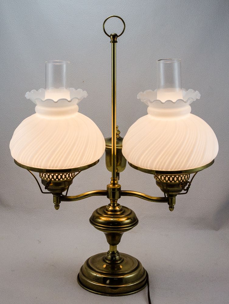 Vintage Electric Brass Double Student Lamp With Swirled Milk Glass 