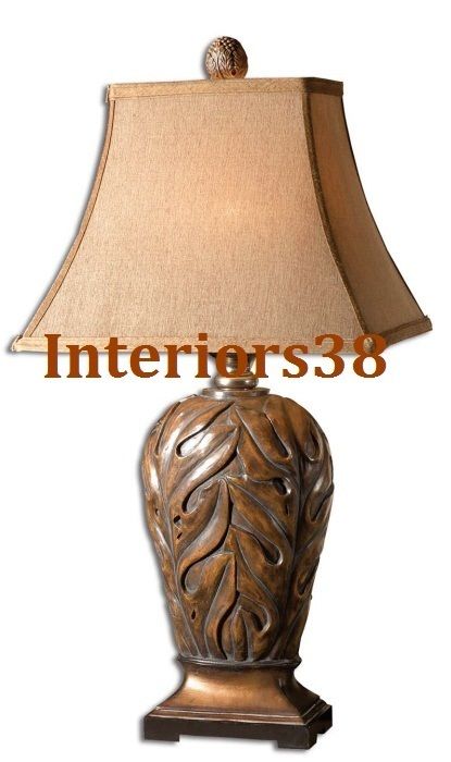 Set 2 Beach Tropical Carved Banana Leaf Table Hall Buffet Lamps w 