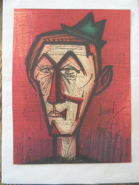 Bernard Buffet Lithograph Clown in Red Background 1968