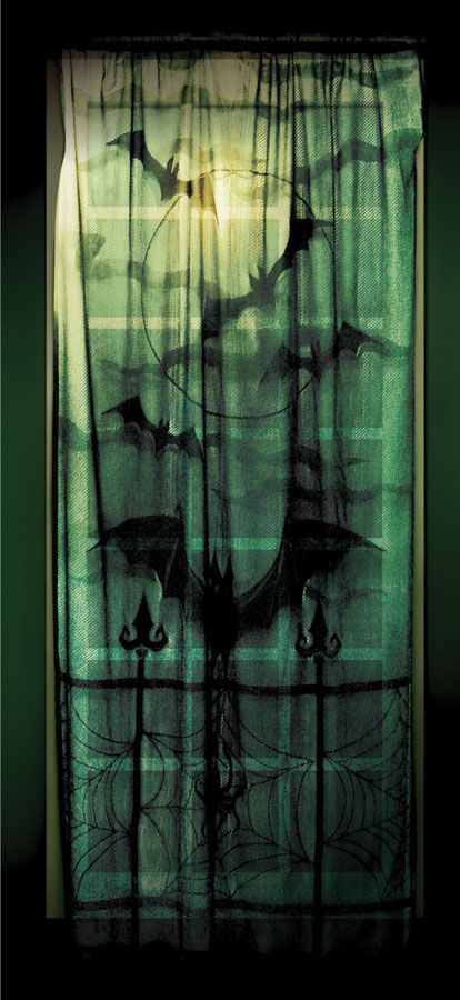 Black Gothic Halloween Window Sheer Lace Panel Curtain Bat Tombstone 