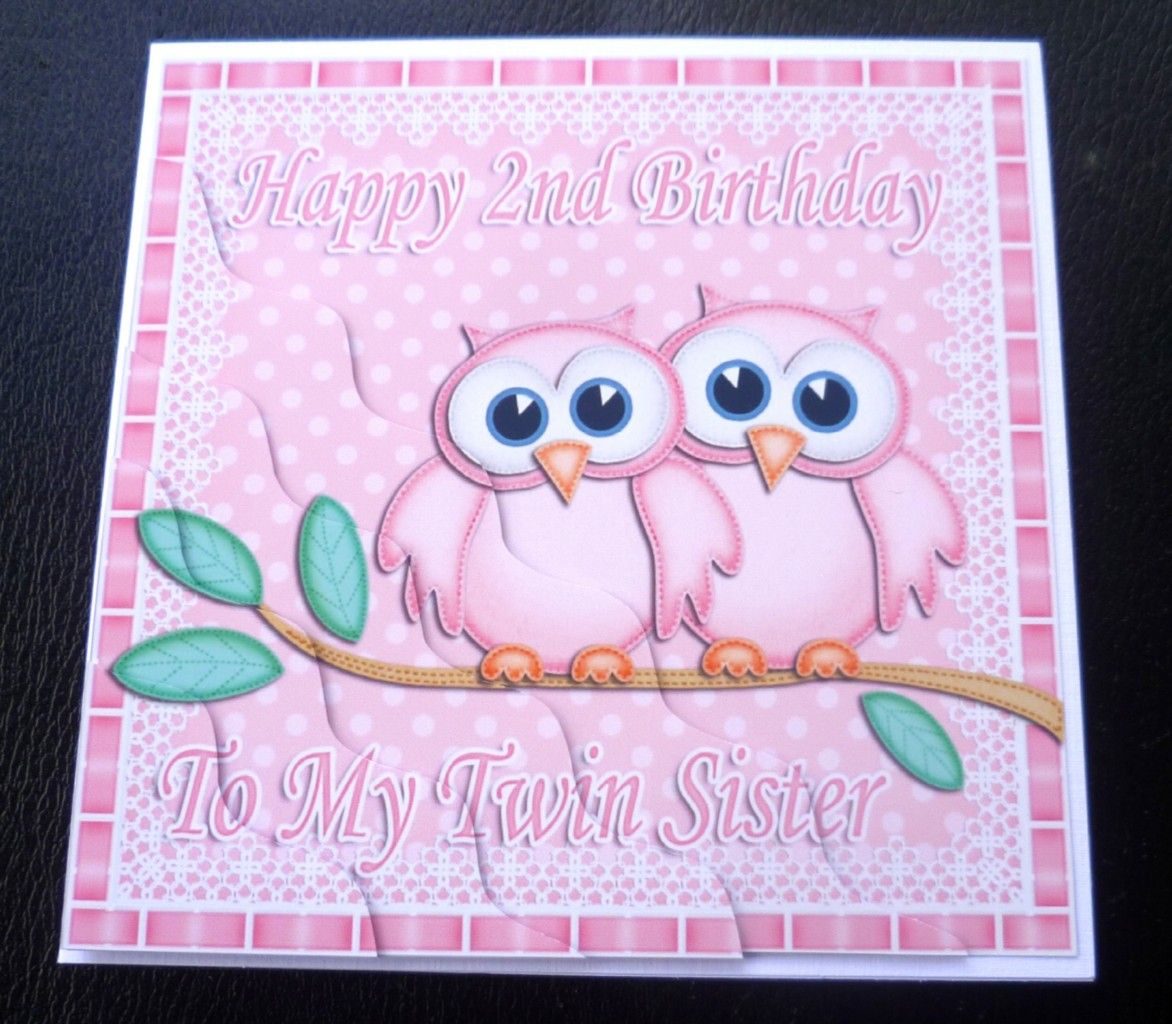 Happy 2nd Birthday to My Twin Sister Owls Card Pink or Pink Blue 