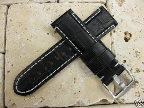   Genuine Black Leather Strap White Stitch Band Fit Breitling 24