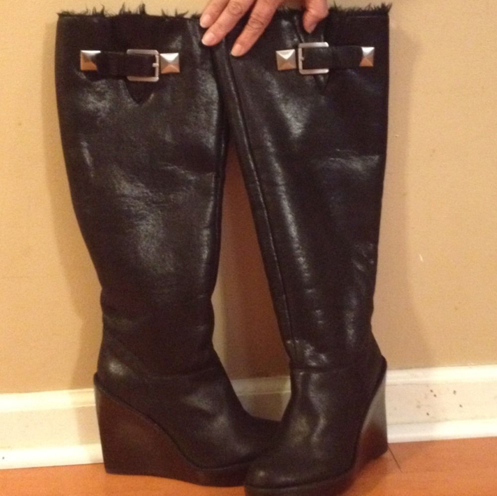 Michael Kors Calista Suede Knee High Platform Wedge Black Boots 8 5 9 