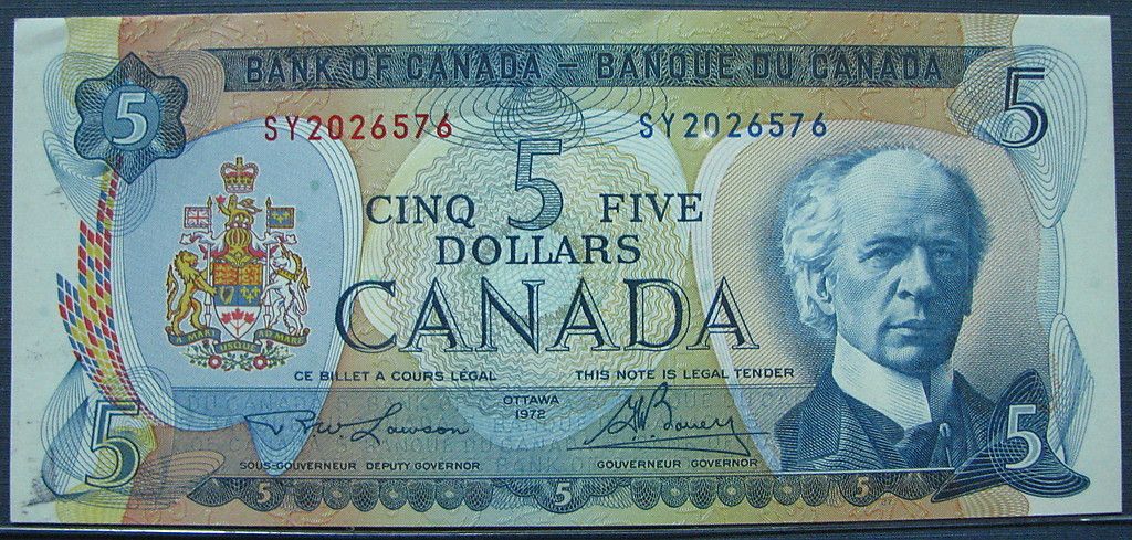 1972 Bank of Canada Paper Money Five Dollars $5 Error Note Banknote 