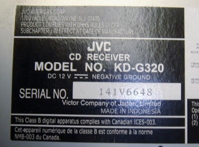 JVC CD KDG 320 Car Stereo Receiver
