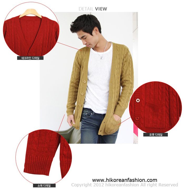 Hi Korean Fashion Cable Knitted Cardigans Mens Sweaters Tops Vintage 