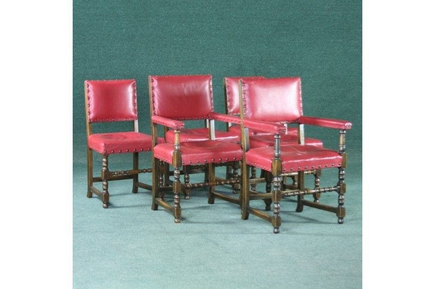 Jacobean Revival Carved Oak Leather Set 6 Dining Chairs