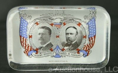   Election Glass Paperweight Teddy Roosevelt Charles Fairbanks NR
