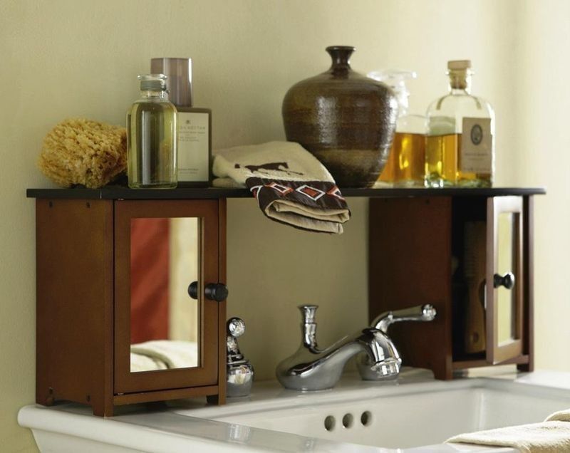 New Two Toned Wood Mirrored Bathroom Sink Shelf Cabinet Storage
