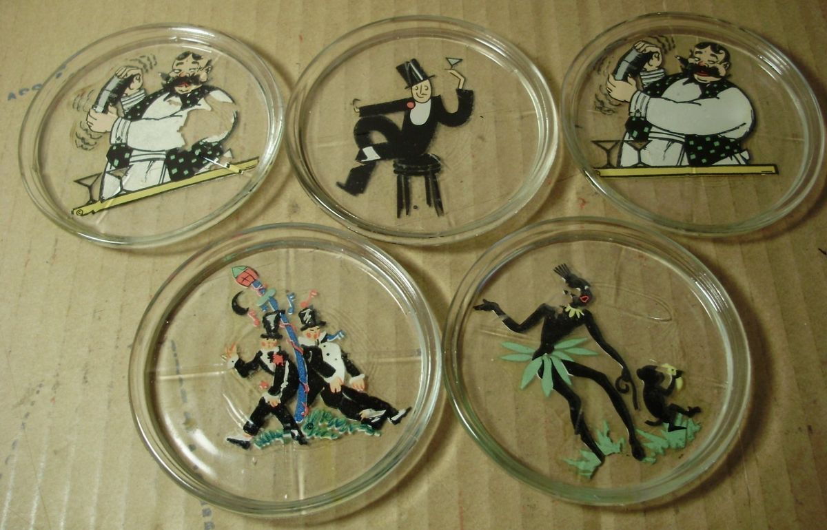 1940s Drink Coasters with Classic Bar Art Vintage Clear Glass w Color