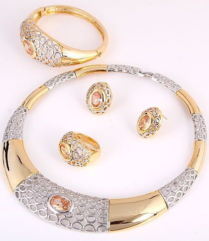 Gold Plated Necklace Bracelet Earring Ring Set w Cubic Zirconia