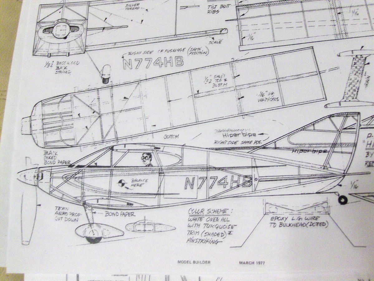 HIPERBIPE, RC ELECTRIC/ FF RUBBER model airplane plans.