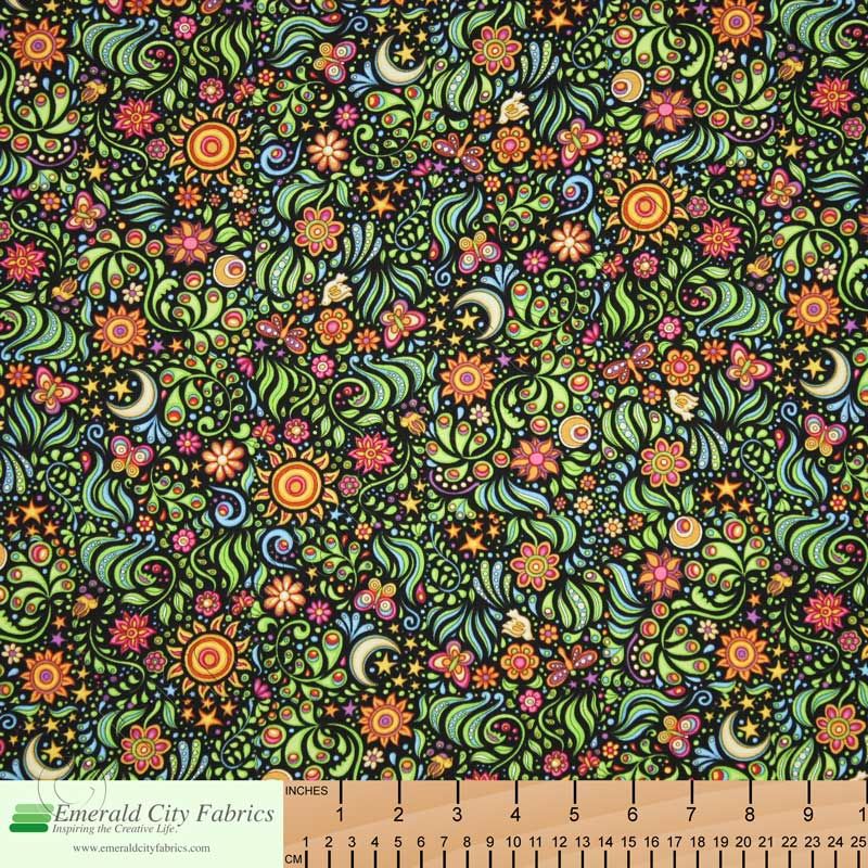 RJR Sew Catty Cosmic Cat Floral Black Cotton Quilt Quilting Fabric