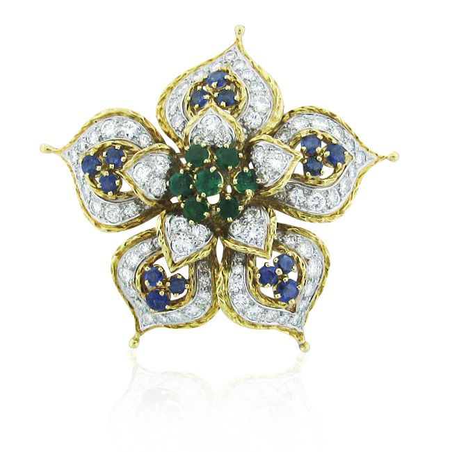  18K Gold Certified Emerald Sapphire Diamond Brooch