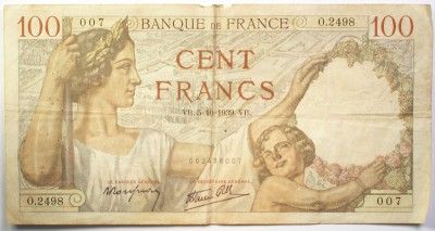 1940 Banque de France 100 Francs Note Fine French WW II Paper Money