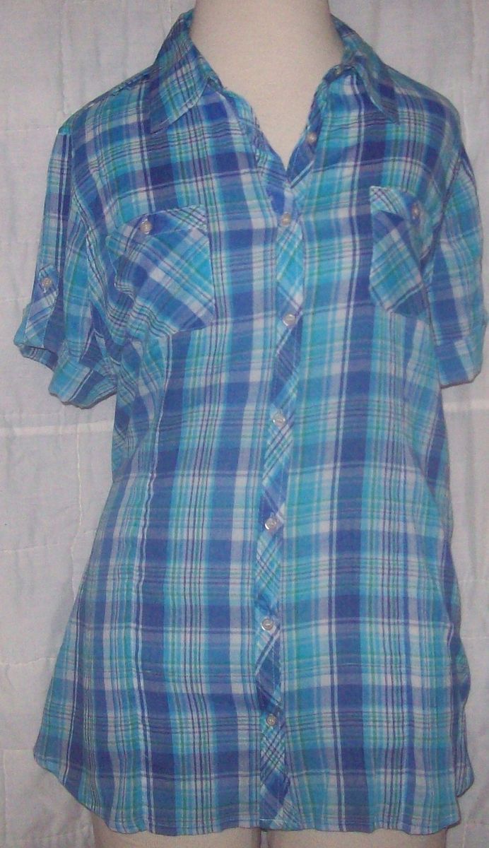 Plus Shirt Just My Size 2X 18W 20W Button Up SS Green Blue White Plaid